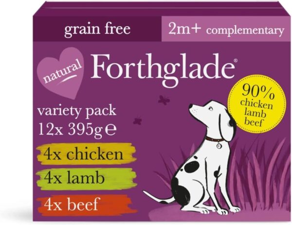 Forthglade Complementary Wet Dog Food Variety Pack (12 x 395g Trays) - Just Chicken, Lamb & Beef, 90% Meat, Grain Free Stomach Sensitive Dog Food with...