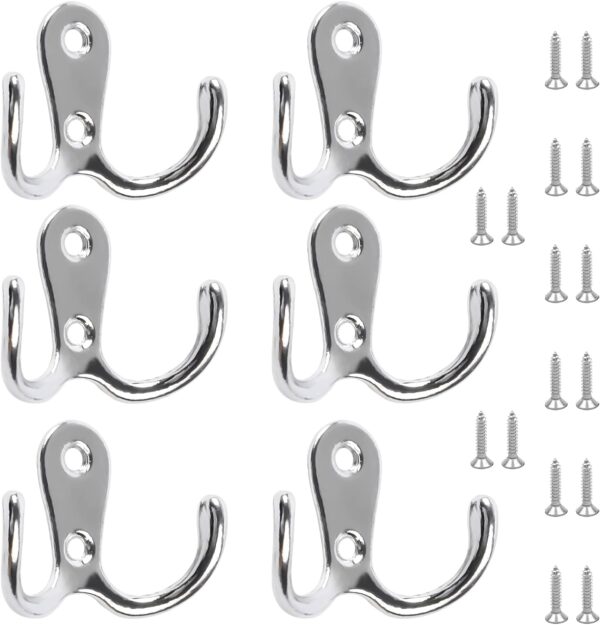 6 PCS Double Prong Robe Hooks Dual Coat Door Hooks with 16 PCS Screws Chrome Wall Mounted Hooks for Hanging Hat Tie Clothes Towel Metal Retro Cloth Hanger...