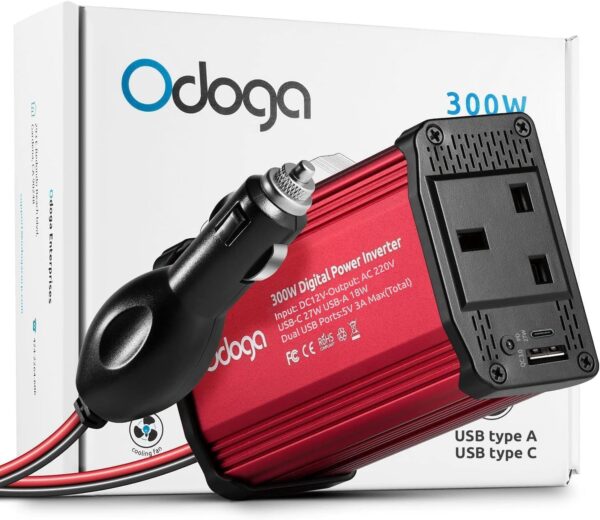 Odoga 300W Car Power Inverter 12V to 240V / 230V Converter, USB-A and USB-C 3A Charging Ports - Charge Your Laptop, iPad, iPhone, Tablet, Consoles &...
