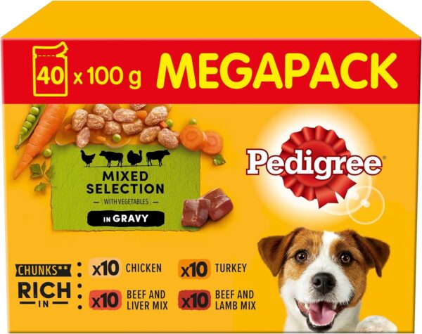 Pedigree Mixed Selection in Gravy 40 Pouches, Adult Wet Dog Food, Megapack (40 x 100 g)
